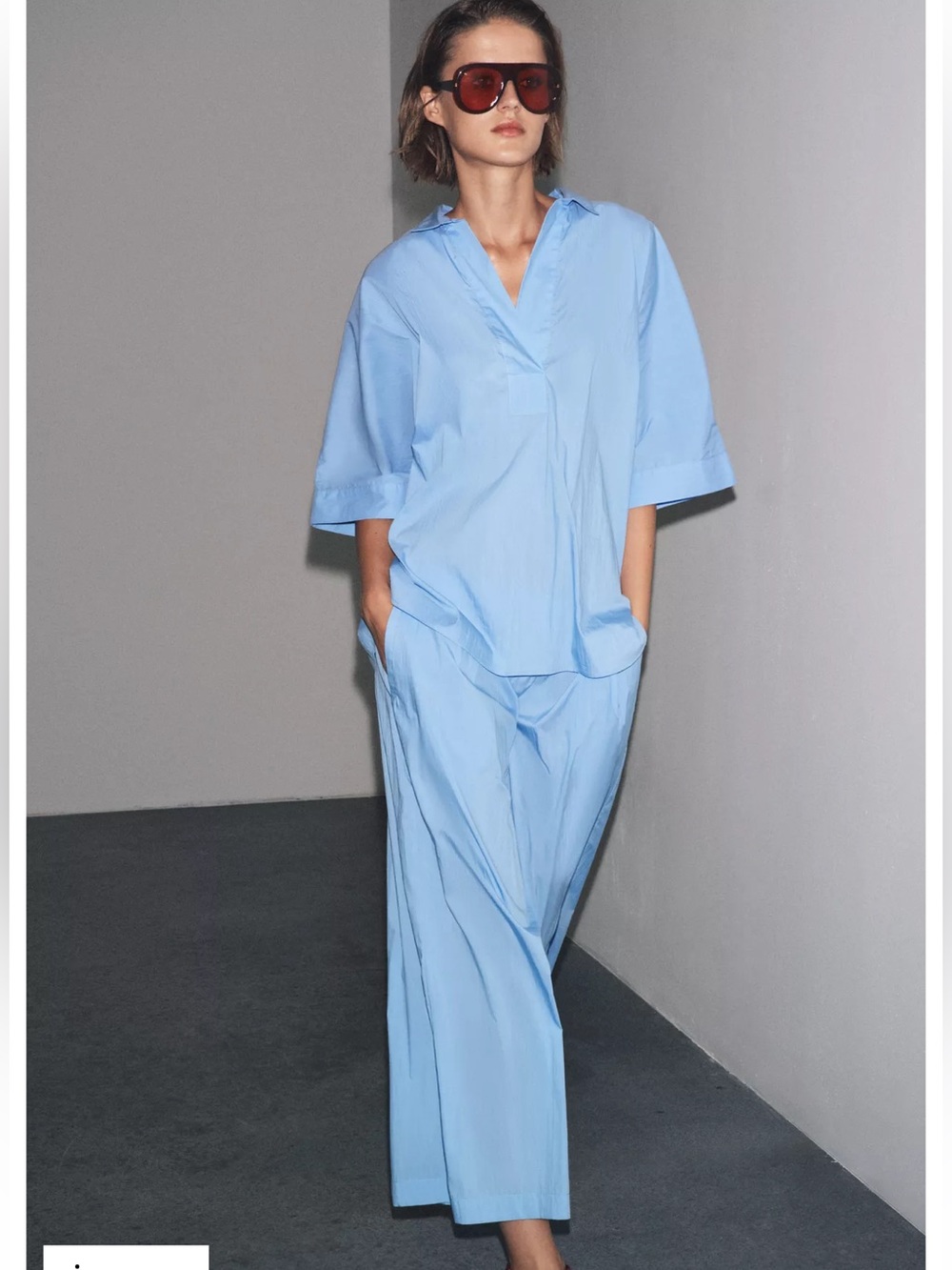 Zara Blue Wide-Leg poplin pleated Elastic Waist Pants - Picture 7 of 13